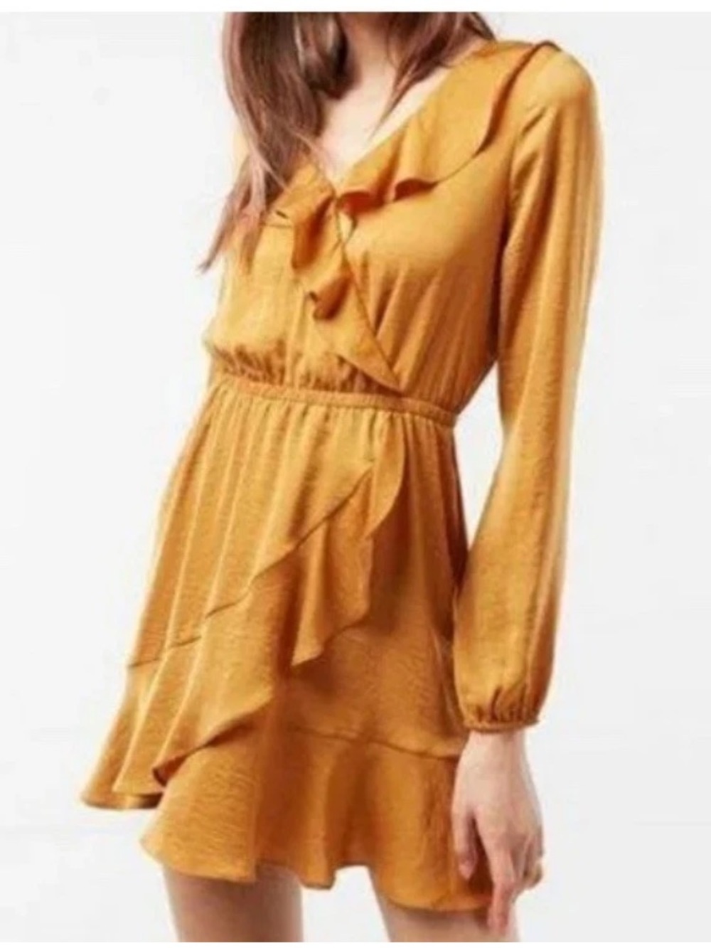 Express Faux Wrap Mini Dress Yellow Gold XS Feminine Flowy Vacation Romantic
